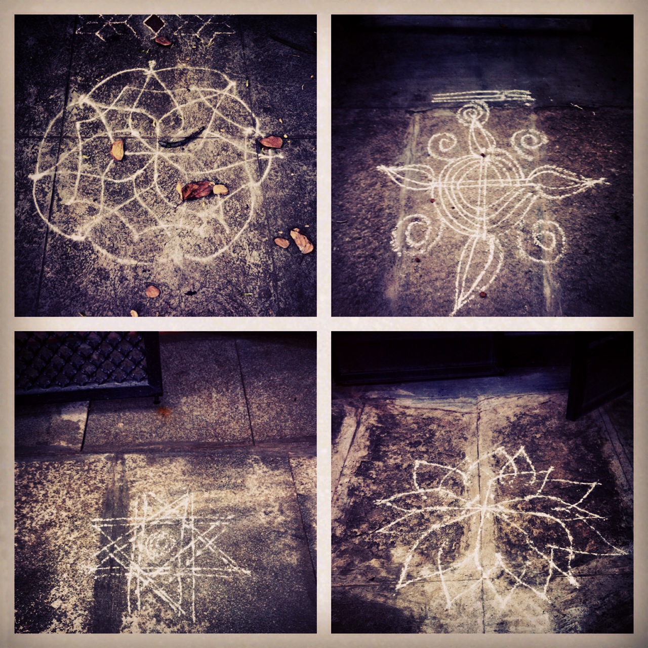 Mandalas desenhadas com giz nas calçadas